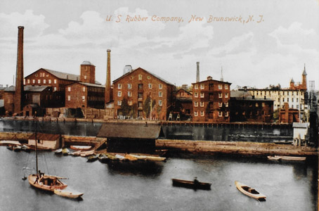 Located at the upper tidal and navigation limit of the Raritan River, New Brunswick’s factory district fronted upon the Delaware and Raritan Canal downstream of the Deep Lock (Lock No. 13).  In addition to Johnson & Johnson, New Brunswick was also the location of the Janeway & Co. wallpaper factory (reputedly the largest wallpaper factory in the nation), as well as factories which produced rubber goods, hosiery, shoes, carriages and machinery.  Although some historians and writers have commented that the construction of the Delaware and Raritan Canal retarded economic growth by diminishing the importance of the city as a trans-shipment point, the canal did provide the New Brunswick’s industries with a source of water power and a steady supply of anthracite coal from Pennsylvania to fuel their businesses. 